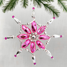 SIlver and Hot Pink Glass Bead Fancy Snowflake Ornament ~ 5" ~ Czech Republic