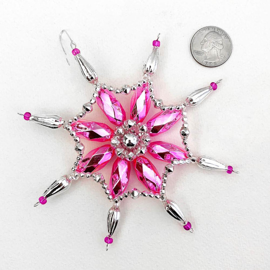 SIlver and Hot Pink Glass Bead Fancy Snowflake Ornament ~ 5" ~ Czech Republic