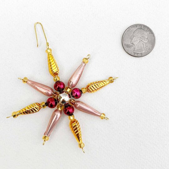 Gold, PInk and Blackberry Glass Bead Pointed Star Ornament ~ 3-1/4" ~ Czech Republic