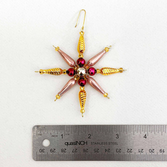 Gold, PInk and Blackberry Glass Bead Pointed Star Ornament ~ 3-1/4" ~ Czech Republic