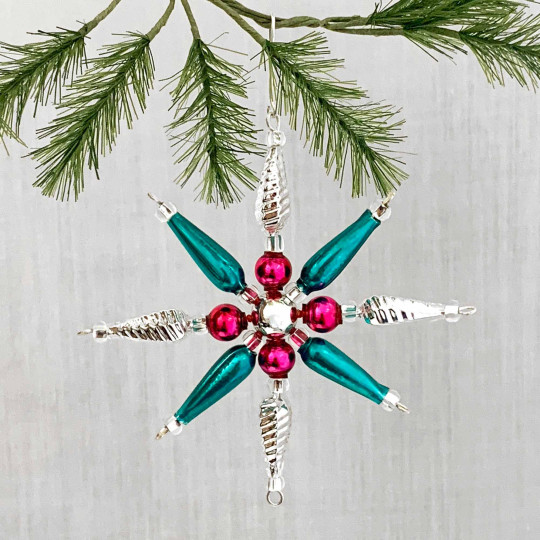 Teal and Pink Glass Bead Pointed Star Ornament ~ 3-1/4" ~ Czech Republic