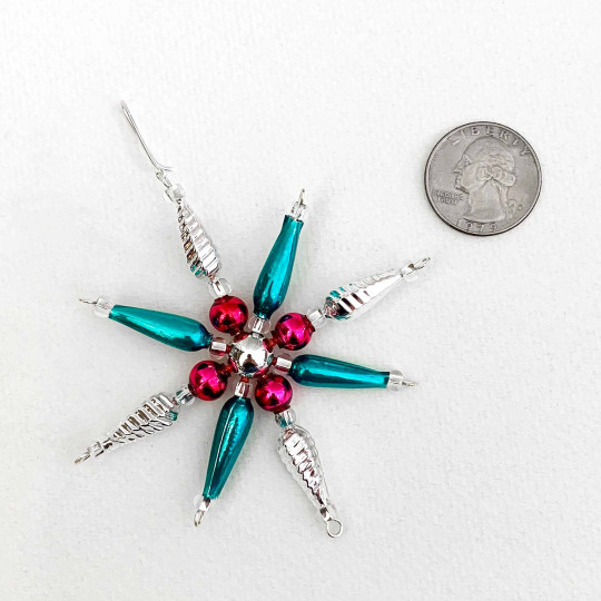 Teal and Pink Glass Bead Pointed Star Ornament ~ 3-1/4" ~ Czech Republic