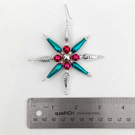 Teal and Pink Glass Bead Pointed Star Ornament ~ 3-1/4" ~ Czech Republic