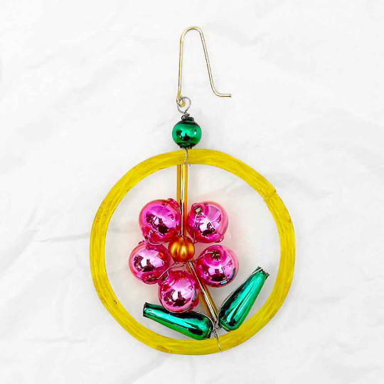 Pink Flower in Ring Glass Bead Ornament ~ 2" ~ Czech Republic