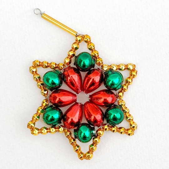 Red, Gold and Green Glass Bead Flower Star Ornament ~ 2-1/2" ~ Czech Republic