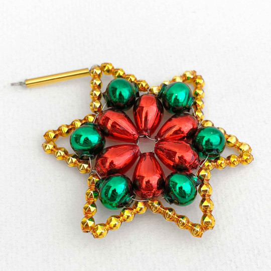 Red, Gold and Green Glass Bead Flower Star Ornament ~ 2-1/2" ~ Czech Republic