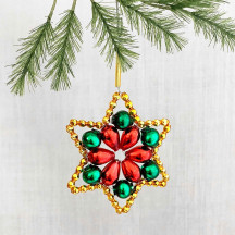 Red, Gold and Green Glass Bead Flower Star Ornament ~ 2-1/2" ~ Czech Republic