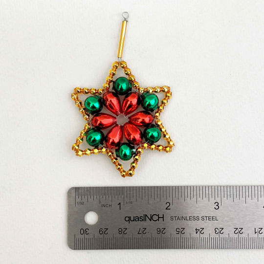 Red, Gold and Green Glass Bead Flower Star Ornament ~ 2-1/2" ~ Czech Republic