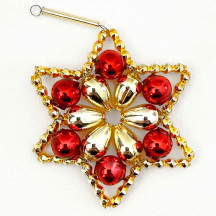 Red and Gold Glass Bead Flower Star Ornament ~ 2-1/2" ~ Czech Republic