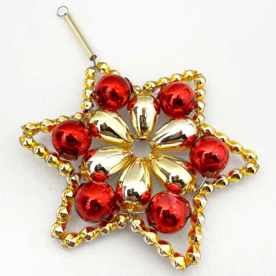 Red and Gold Glass Bead Flower Star Ornament ~ 2-1/2" ~ Czech Republic
