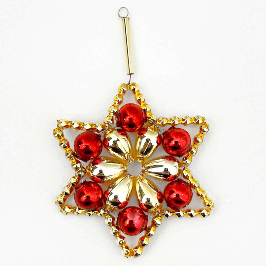 Red and Gold Glass Bead Flower Star Ornament ~ 2-1/2" ~ Czech Republic