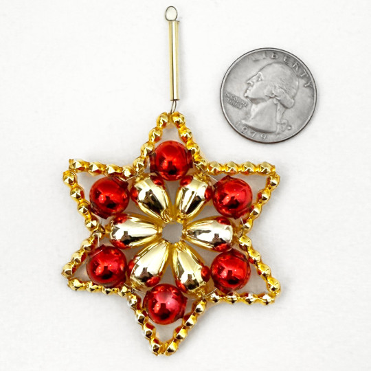 Red and Gold Glass Bead Flower Star Ornament ~ 2-1/2" ~ Czech Republic