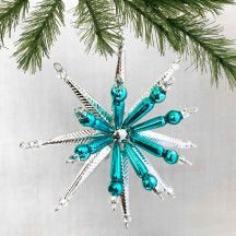 Silver and Aqua Starburst Glass Bead Ornament ~ 3-1/2" ~ Czech Republic