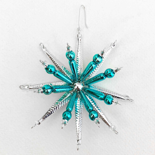 Silver and Aqua Starburst Glass Bead Ornament ~ 3-1/2" ~ Czech Republic