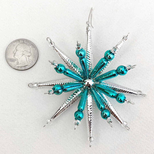 Silver and Aqua Starburst Glass Bead Ornament ~ 3-1/2" ~ Czech Republic