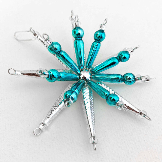 Silver and Aqua Starburst Glass Bead Ornament ~ 3-1/2" ~ Czech Republic