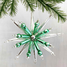 Silver and Light Green Starburst Glass Bead Ornament ~ 3-1/2" ~ Czech Republic