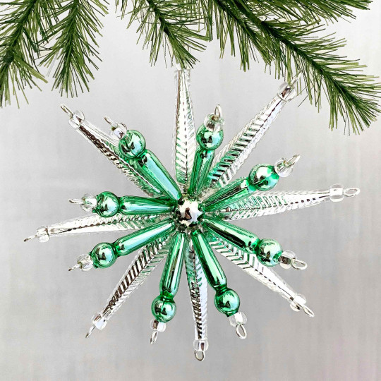 Silver and Light Green Starburst Glass Bead Ornament ~ 3-1/2" ~ Czech Republic