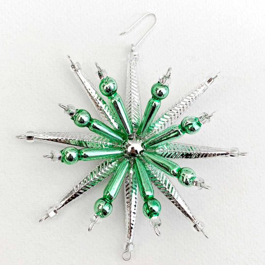 Silver and Light Green Starburst Glass Bead Ornament ~ 3-1/2" ~ Czech Republic