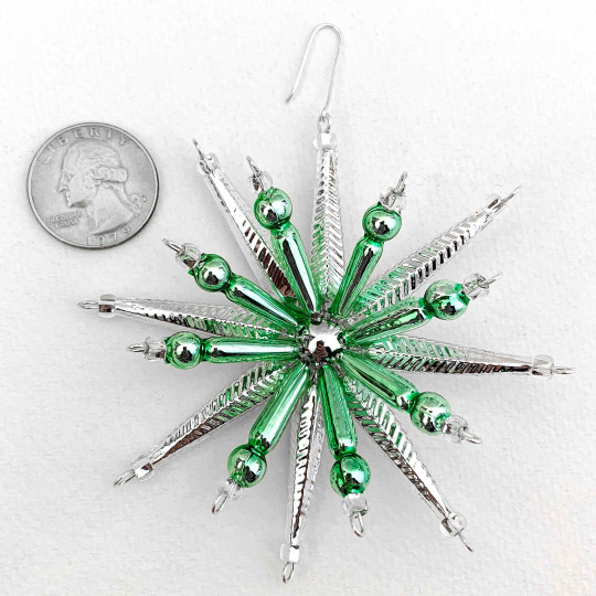 Silver and Light Green Starburst Glass Bead Ornament ~ 3-1/2" ~ Czech Republic
