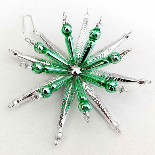 Silver and Light Green Starburst Glass Bead Ornament ~ 3-1/2" ~ Czech Republic
