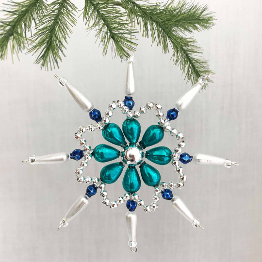 Teal and Matte Whte Glass Bead Fancy Snowflake Ornament ~ 4" ~ Czech Republic