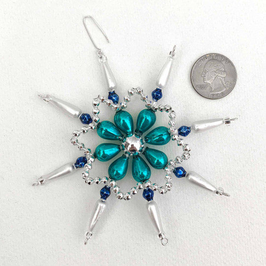 Teal and Matte Whte Glass Bead Fancy Snowflake Ornament ~ 4" ~ Czech Republic