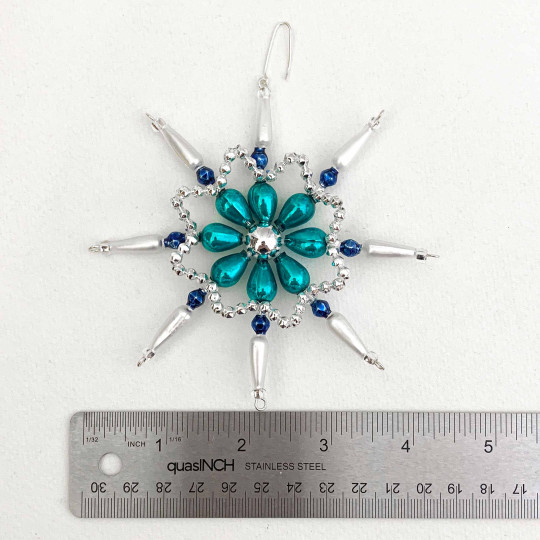 Teal and Matte Whte Glass Bead Fancy Snowflake Ornament ~ 4" ~ Czech Republic