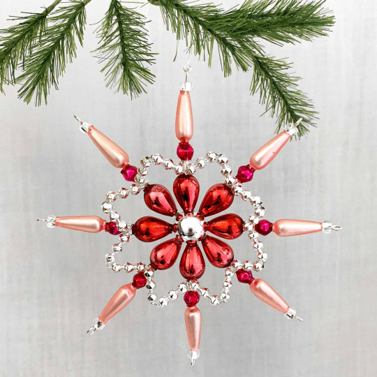 Pink and Silver Glass Bead Fancy Snowflake Ornament ~ 4" ~ Czech Republic