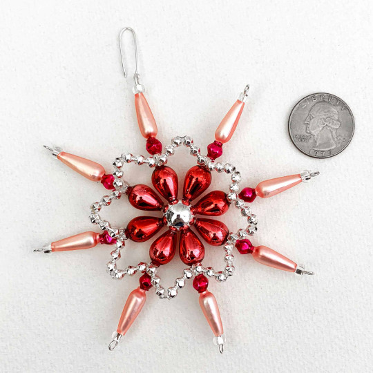 Pink and Silver Glass Bead Fancy Snowflake Ornament ~ 4" ~ Czech Republic