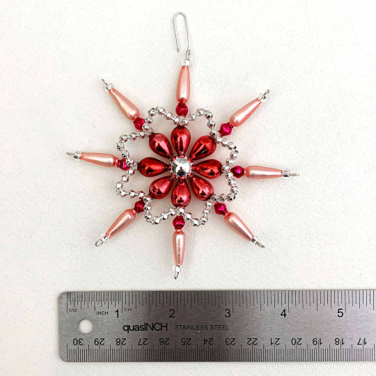 Pink and Silver Glass Bead Fancy Snowflake Ornament ~ 4" ~ Czech Republic