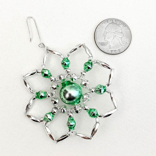 Silver and Light Green Glass Bead Star Flower Ornament ~ 2-1/2" ~ Czech Republic