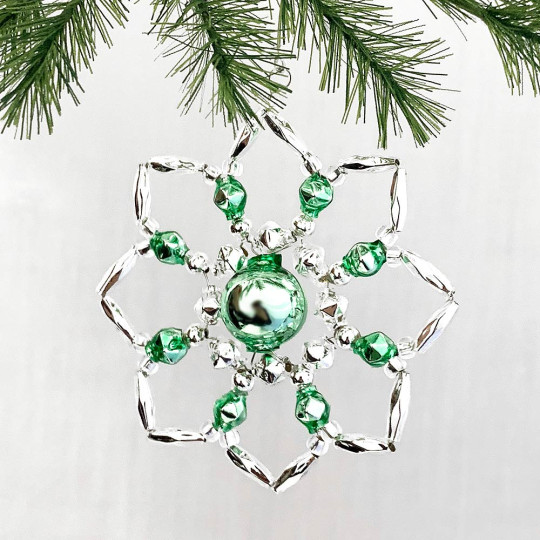 Silver and Light Green Glass Bead Star Flower Ornament ~ 2-1/2" ~ Czech Republic