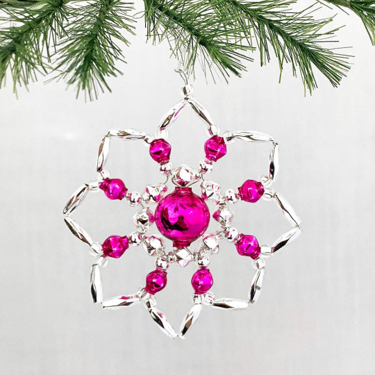 Silver and Hot Pink Glass Bead Star Flower Ornament ~ 2-1/2" ~ Czech Republic