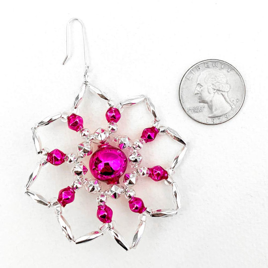 Silver and Hot Pink Glass Bead Star Flower Ornament ~ 2-1/2" ~ Czech Republic