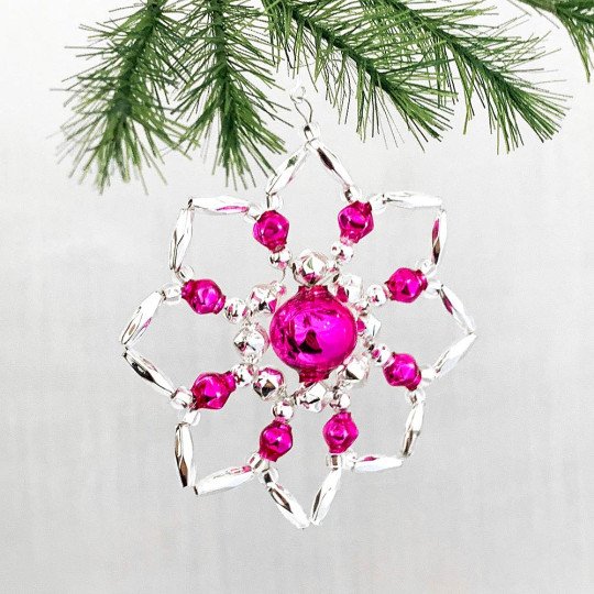 Silver and Hot Pink Glass Bead Star Flower Ornament ~ 2-1/2" ~ Czech Republic
