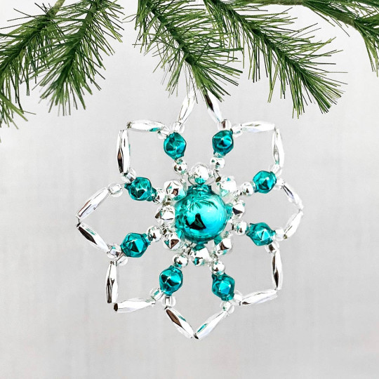Silver and Aqua Glass Bead Star Flower Ornament ~ 2-1/2" ~ Czech Republic