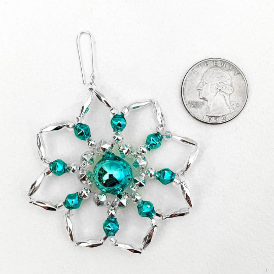 Silver and Aqua Glass Bead Star Flower Ornament ~ 2-1/2" ~ Czech Republic