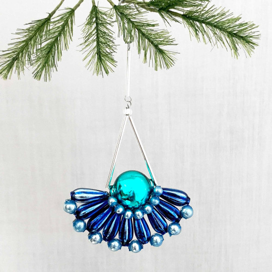 Blue and Aqua Glass Bead Fancy Fan Ornament ~ 4" ~ Czech Republic