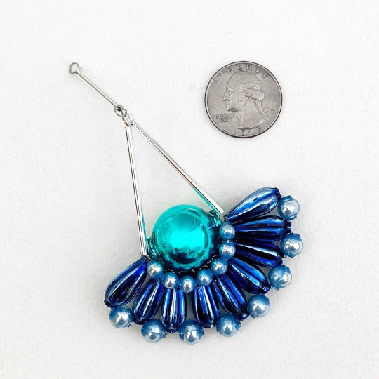 Blue and Aqua Glass Bead Fancy Fan Ornament ~ 4" ~ Czech Republic