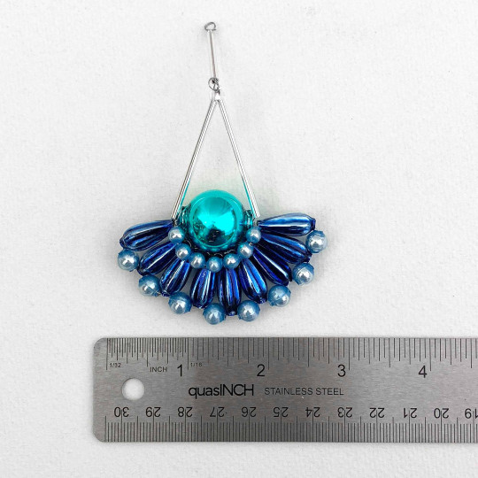 Blue and Aqua Glass Bead Fancy Fan Ornament ~ 4" ~ Czech Republic