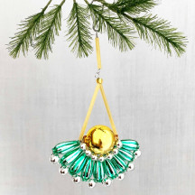 Light Green and Gold Glass Bead Fancy Fan Ornament ~ 4" ~ Czech Republic