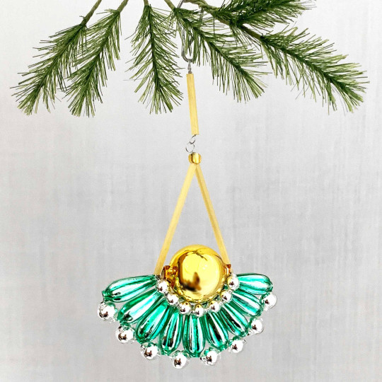 Light Green and Gold Glass Bead Fancy Fan Ornament ~ 4" ~ Czech Republic
