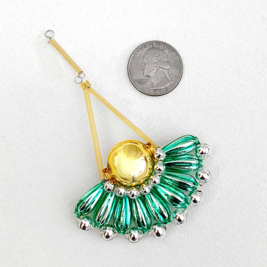 Light Green and Gold Glass Bead Fancy Fan Ornament ~ 4" ~ Czech Republic