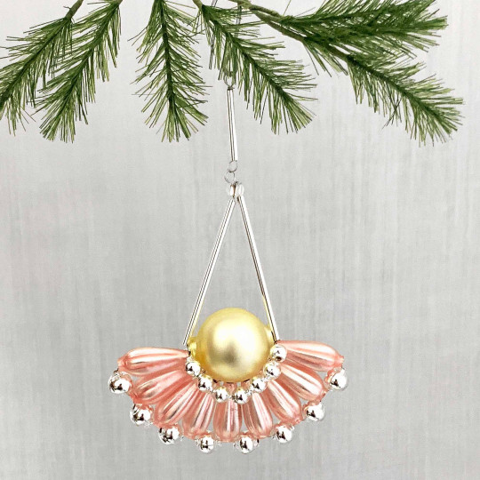 Matte Pink and Yellow Glass Bead Fancy Fan Ornament ~ 4" ~ Czech Republic