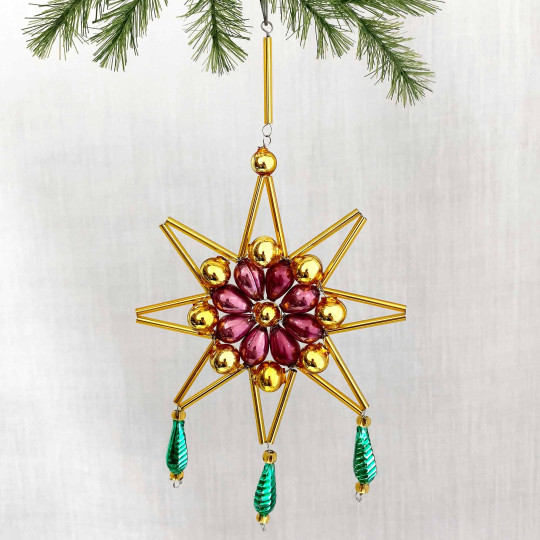 Gold and Opal Purple Glass Bead Fancy Snowflake Ornament ~ 6" ~ Czech Republic