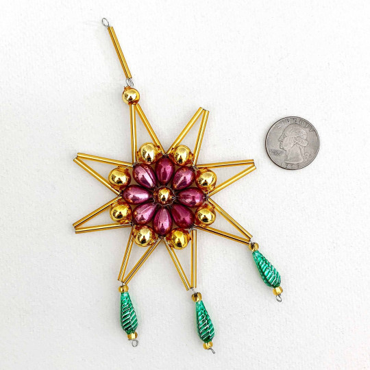 Gold and Opal Purple Glass Bead Fancy Snowflake Ornament ~ 6" ~ Czech Republic