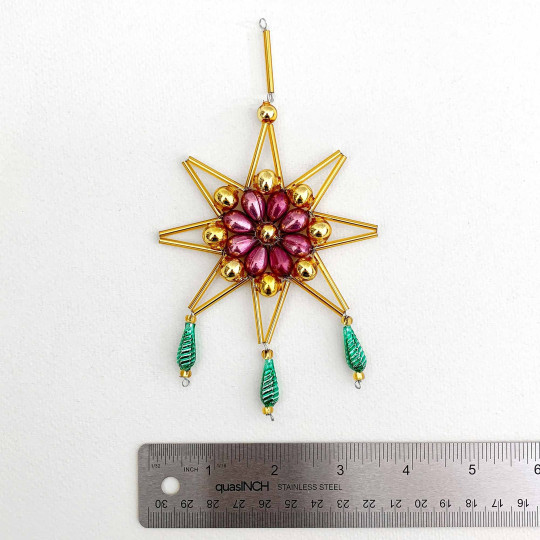 Gold and Opal Purple Glass Bead Fancy Snowflake Ornament ~ 6" ~ Czech Republic