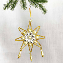 Matte Pale Yellow and Silver Glass Bead Fancy Snowflake Ornament ~ 6" ~ Czech Republic