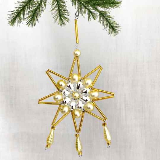 Matte Pale Yellow and Silver Glass Bead Fancy Snowflake Ornament ~ 6" ~ Czech Republic